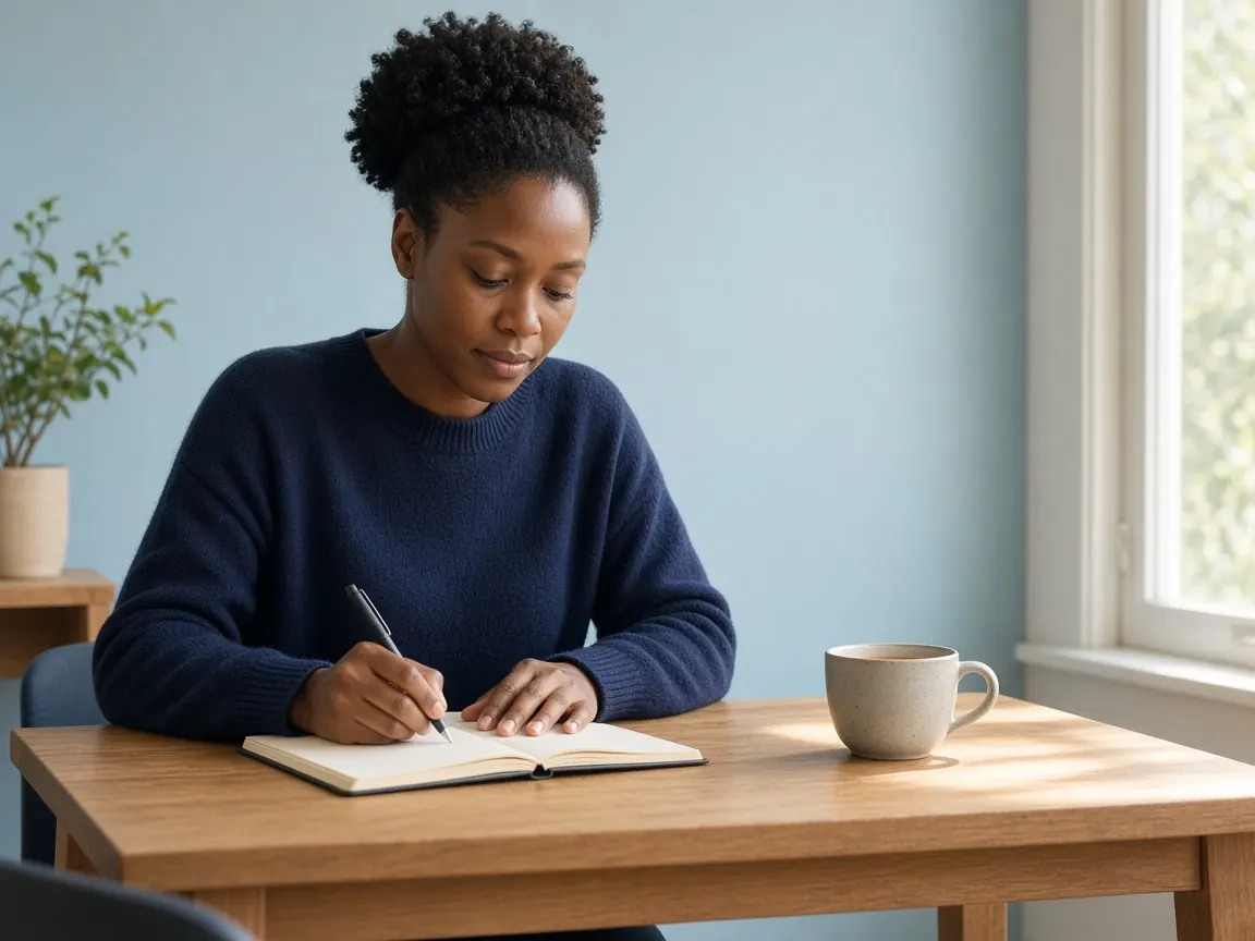 Woman writing calmly at a desk by a sunny window for Focus & Calm