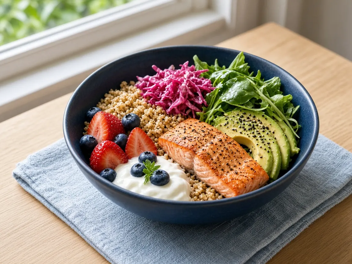 Fresh salmon, greens and berry bowl on a sunlit table for Gut & Immune