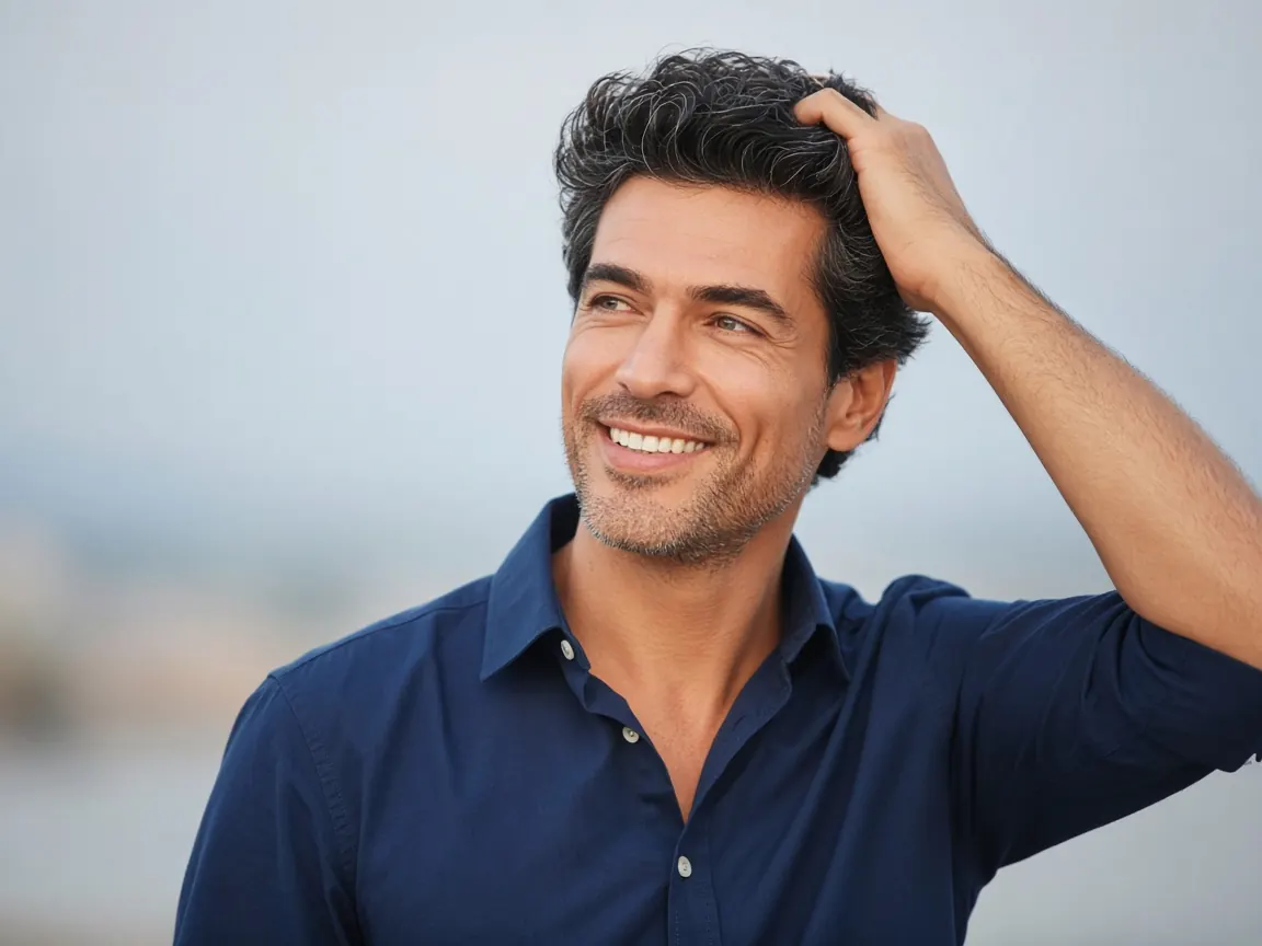 Smiling man running a hand through full, thick hair for Hair