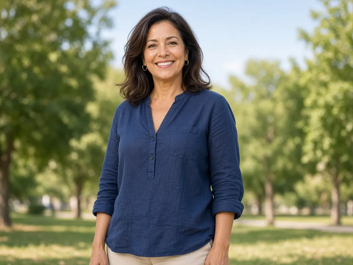 Confident smiling woman standing in a sunny park for Hormone Balance