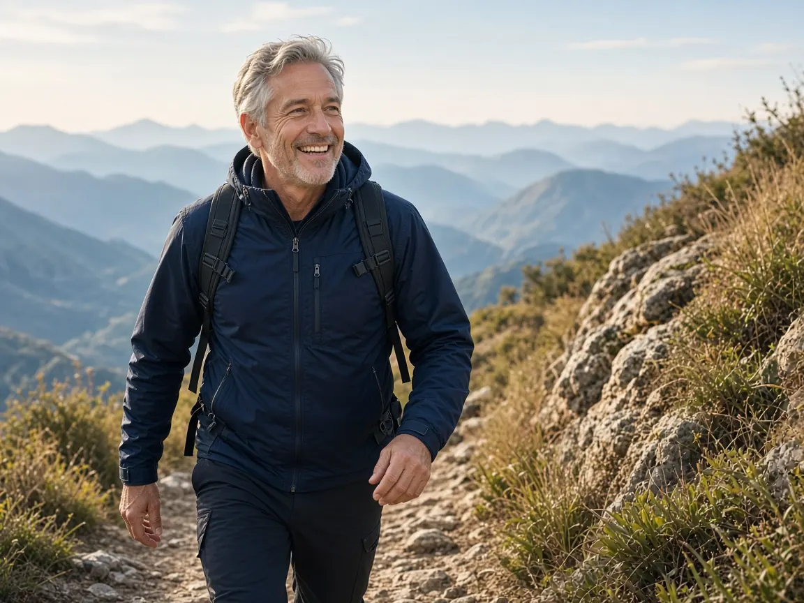 Active gray-haired man hiking a mountain trail for Longevity