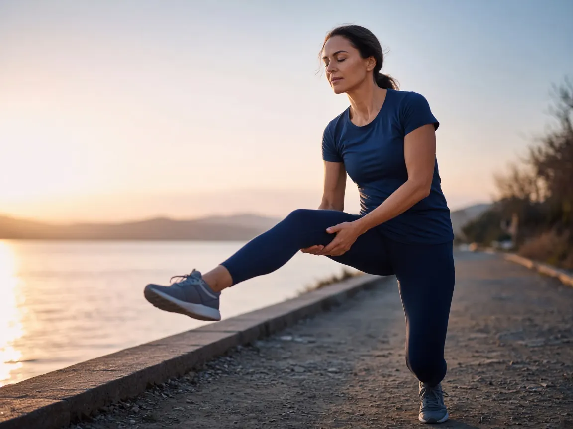Woman stretching on a waterfront path at sunrise for Recovery & Healing