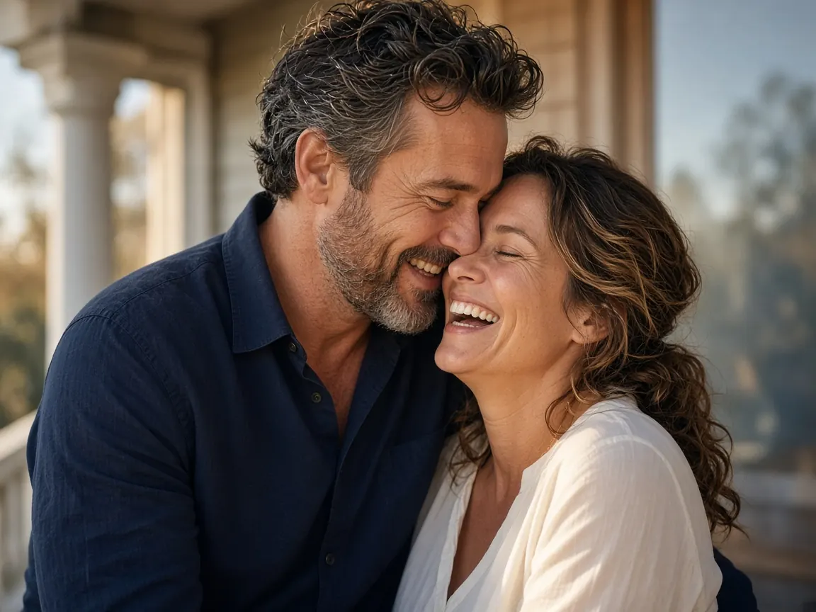 Happy couple laughing close together on a porch for Sexual Wellness
