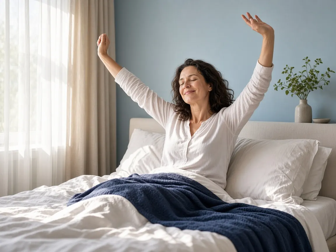 Woman waking up rested in a sunlit bedroom for Sleep