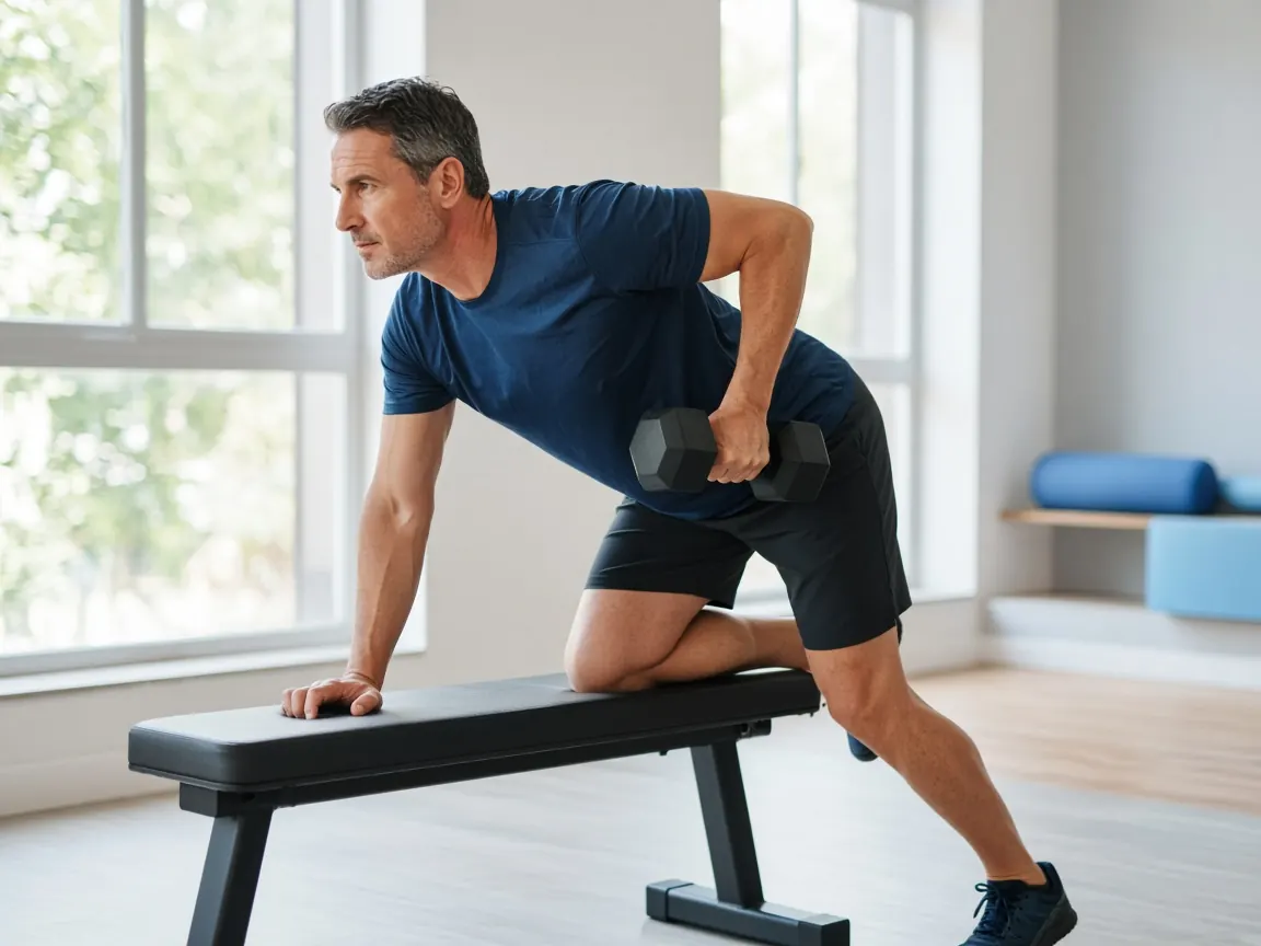 Man doing a dumbbell row in a bright gym for Strength & Body Composition