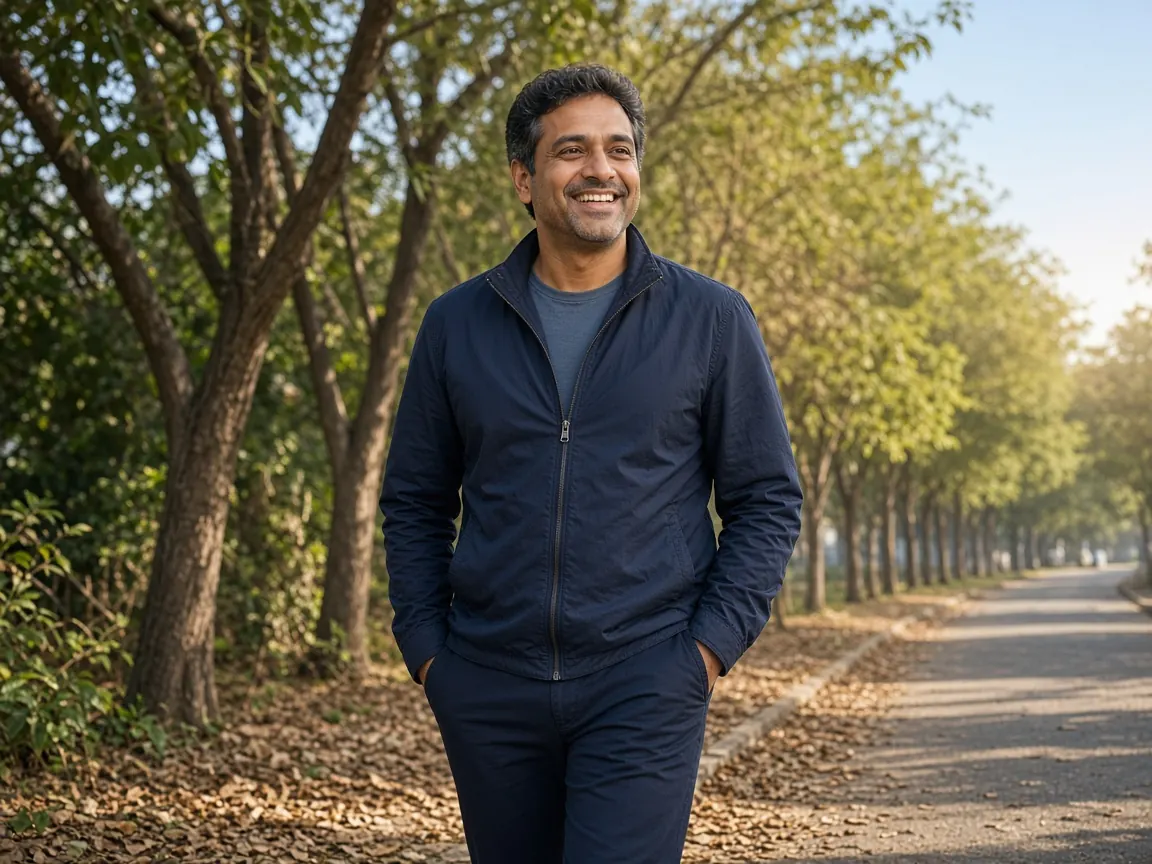 Smiling man walking confidently on a tree-lined path for Weight Care